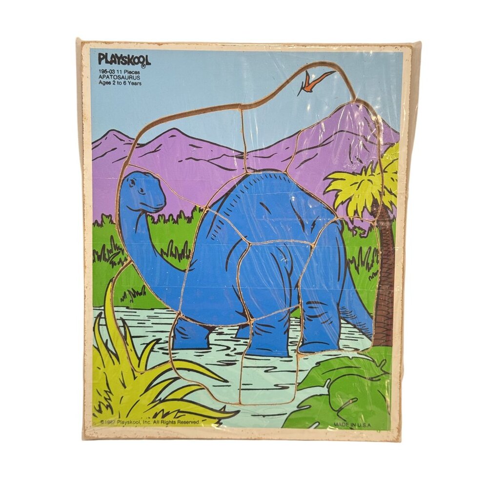Vintage 1987 Playskool Definitely Dinosaurs Blue Apatosaurus Wood Tray Puzzle